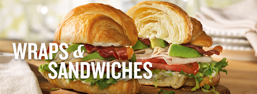 Banner image of the BLTA Croissant, with 'Wraps & Sandwiches' text overlayed