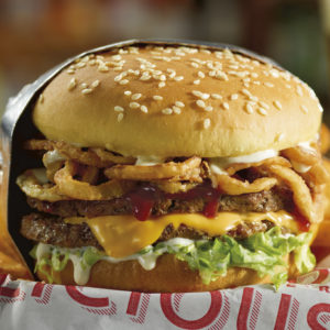 Red Robin Cowboy Ranch Tavern Double Burger in a basket