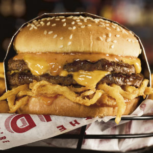Red Robin Haystack Tavern Double burger with fried onion straws, two classic patties, American cheese and campfire Mayo