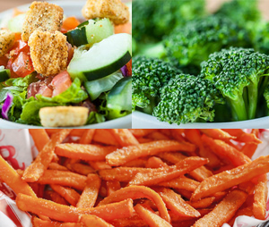 Collage of bottomless Red Robin sides, including Side Salad, Broccoli and Sweet Potato Fries