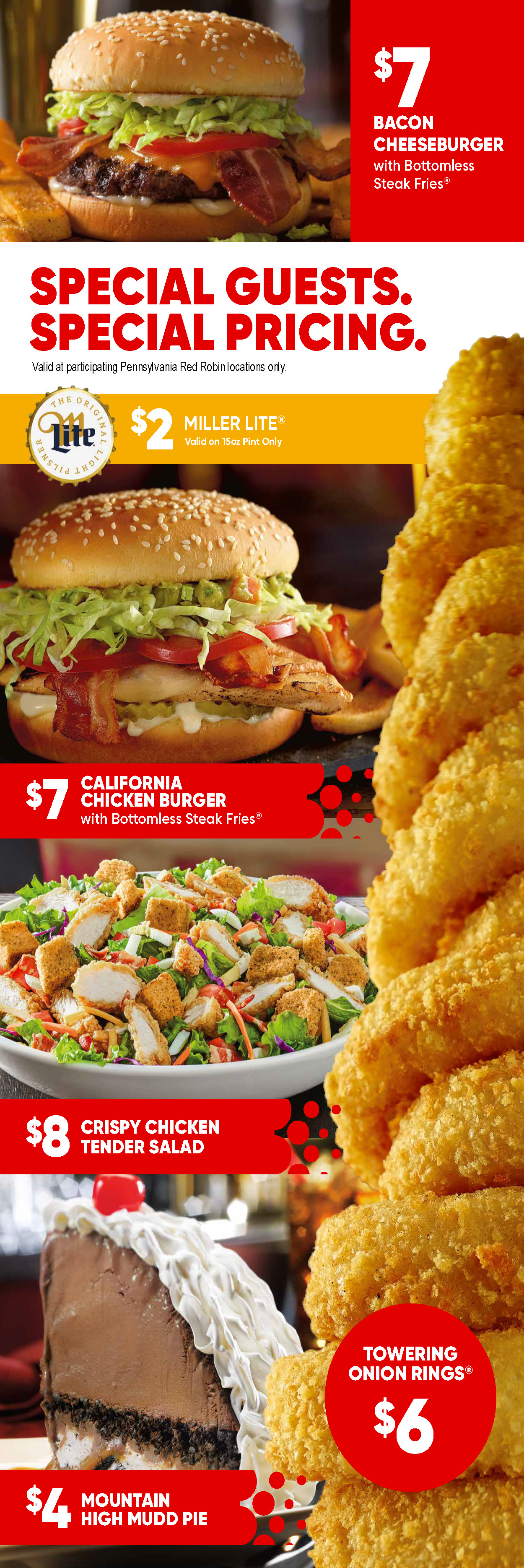 Guest Appreciation Week Menu with 5 select menu items at a discounted price: $7 Bacon Cheeseburger, $7 California Chicken Burger, $8 Crispy Chicken Tender Salad, $4 Mountain High Mudd Pie & $6 Towering Onion Rings