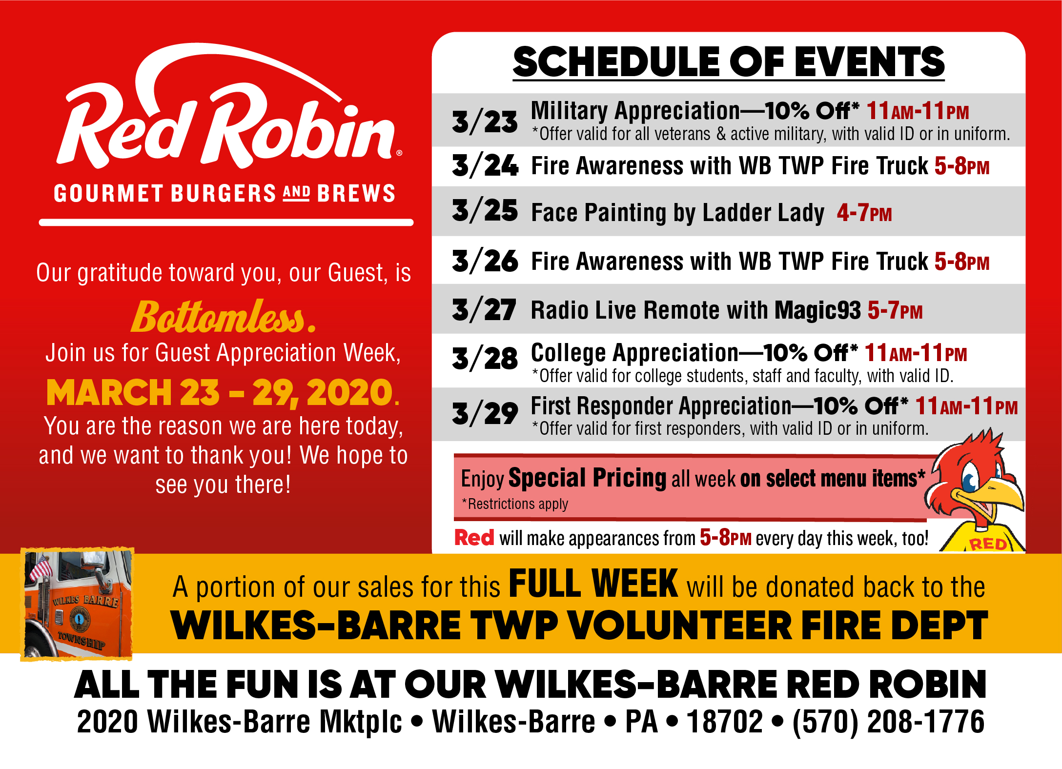 Schedule of events and offering's for Wilkes-Barre Red Robin's Guest Appreciation Week, March 23-29, 2020.
