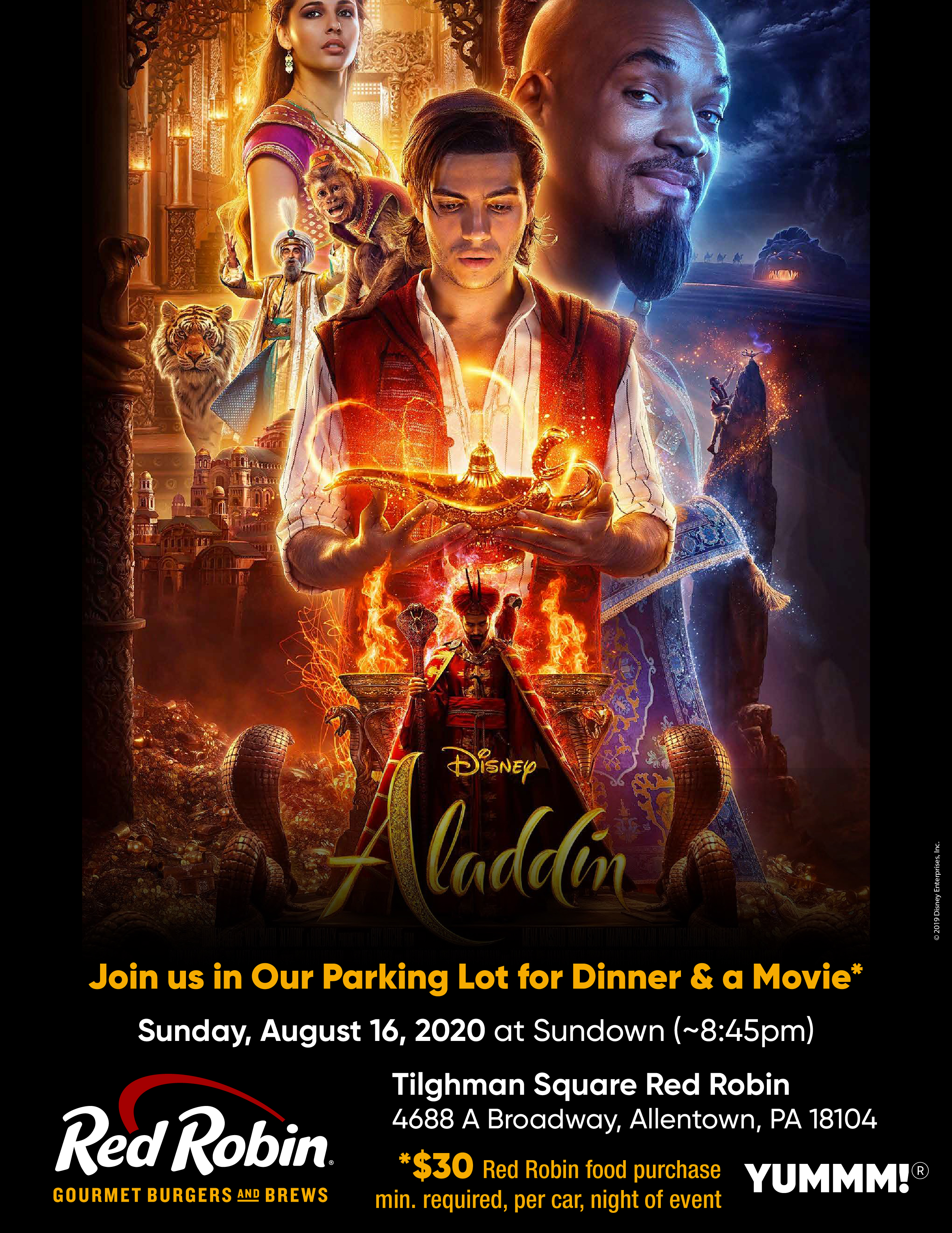 Flyer for DInner & a Movie event at the Tilghman Square Red Robin parking lot. Movie shown is 2019 Aladdin.