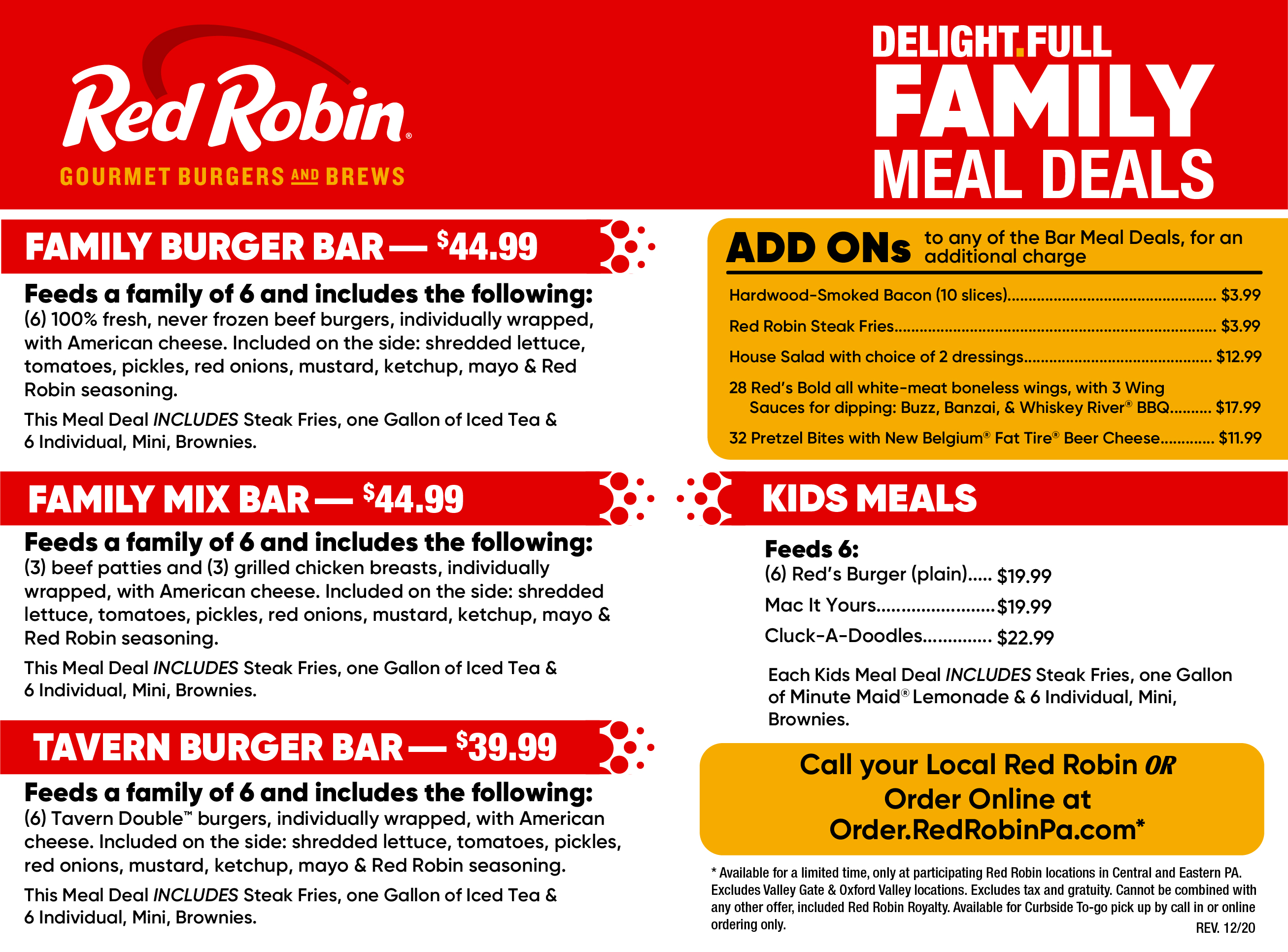 New Red Robin Family Meal Deals at participating location in Central & Eastern PA. New menu as of December 2020.
