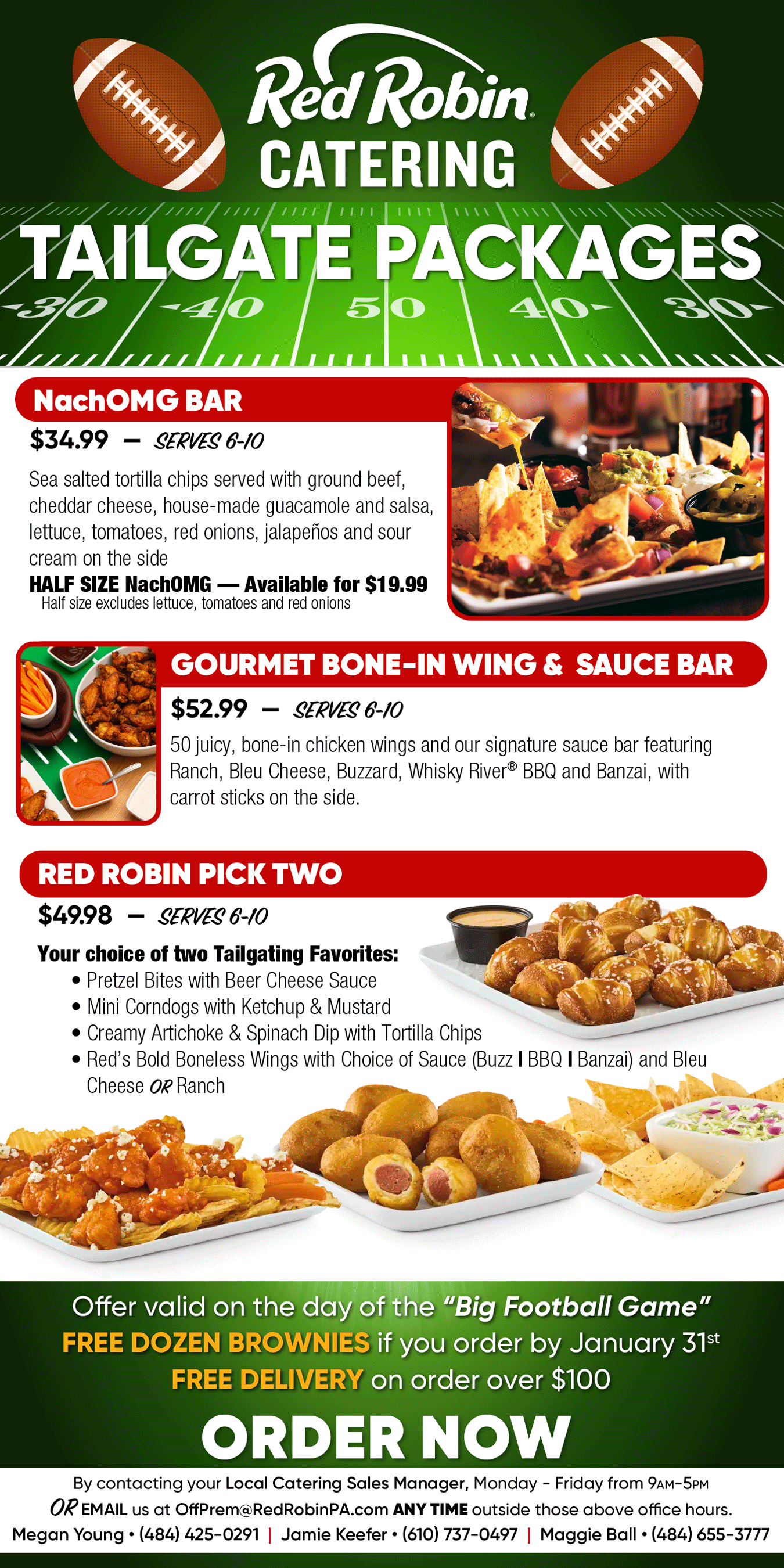 Red Robin Catering's "Big Football Game" Tailgate Package menu (2021)