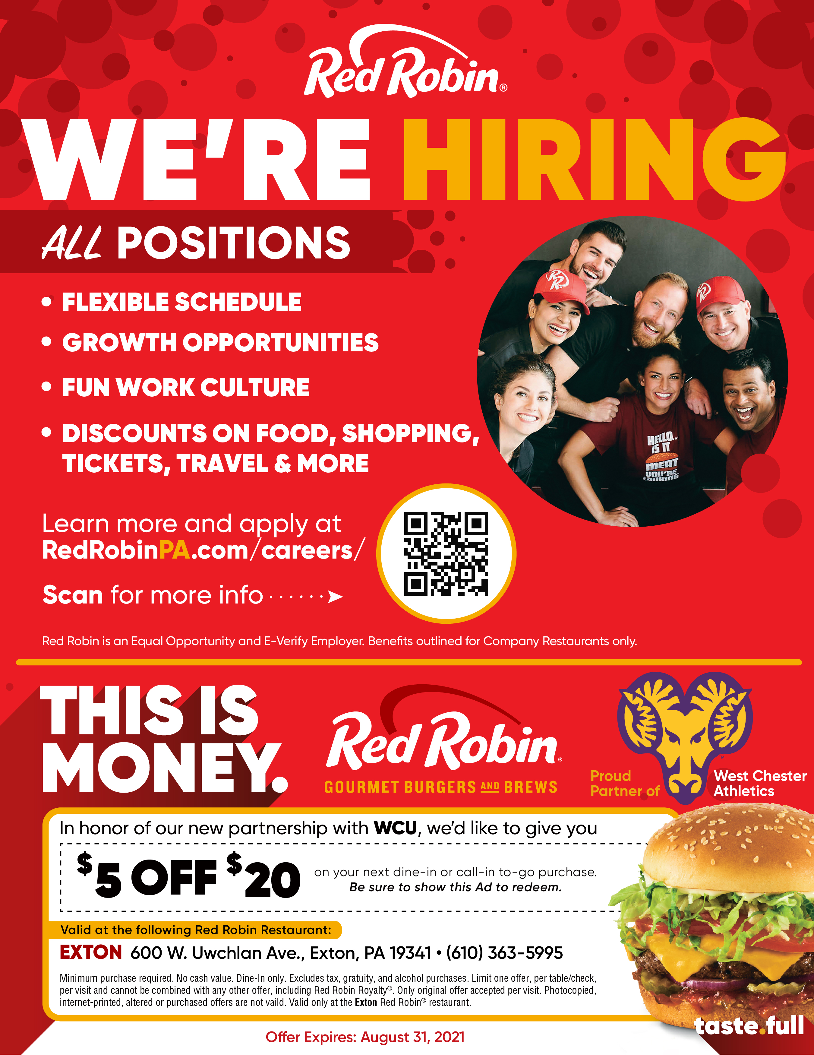 Red Robin in Exton, PA is hiring, all positions. And a special $5 off $20 offer, in honor of our new partnership with West Chester University Athletics.