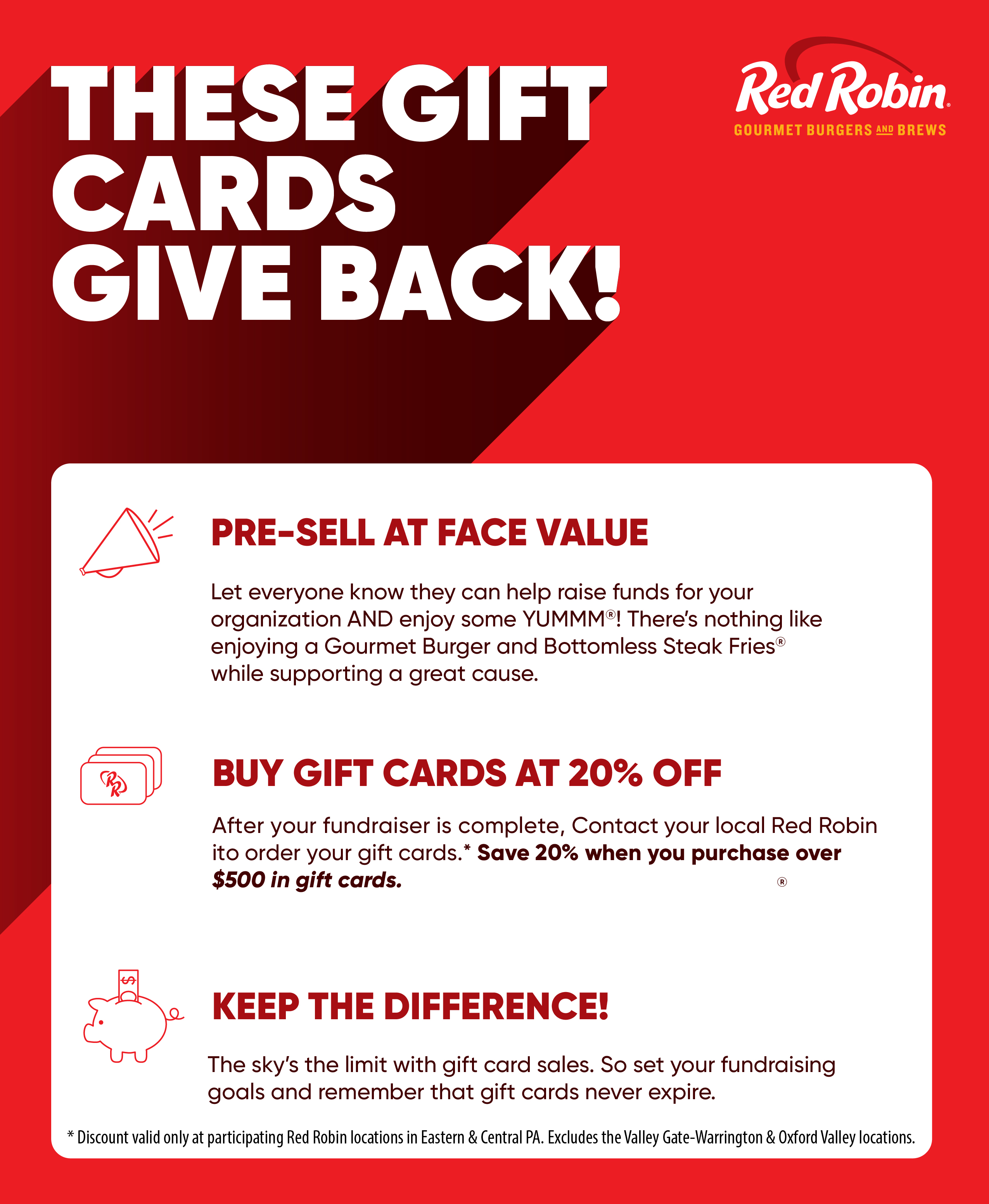 LVRG Red Robin Bulk Gift Card Fundraiser Program. Sell $500 in Red Robin Gift Cards, Receive 20% Back to Your Organization.