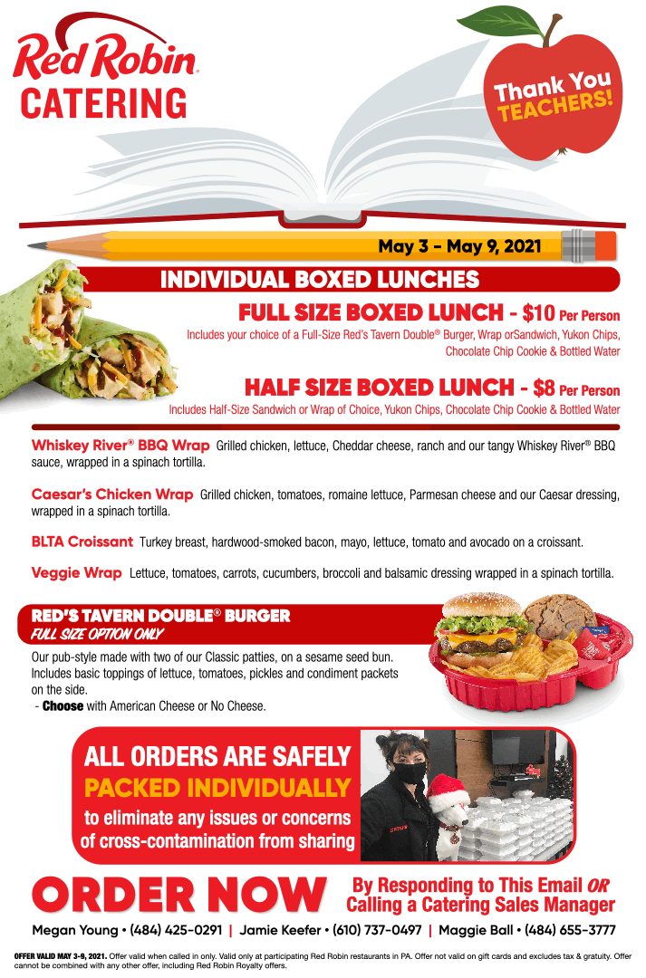 Red Robin Catering Teacher Appreciation Week specialty menu. Runs from May 3 to May 9, 2021.