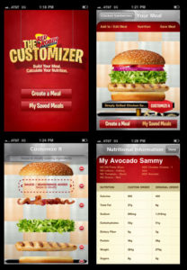 Screenshots from Red Robin's Customizer App for the iPhone - 1. app main screen, 2. customizer screen with burger put together, 3. customizer screen with burger separated vertically into pieces, 4. nutritional information summary screen