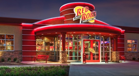 Red Robin Location Exterior at Night, building signs and interior lit up