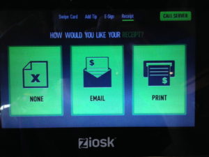 Ziosk Tablet Receipt Delivery Options - None, Email, Print