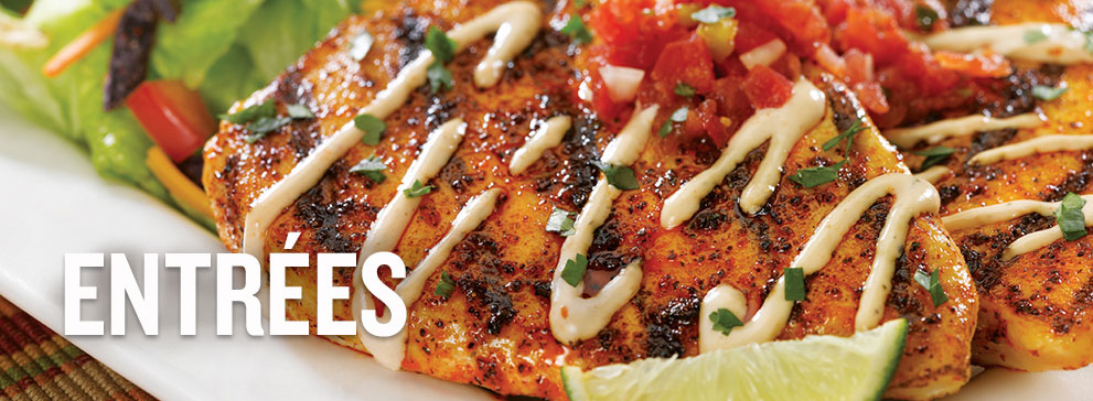 Banner image of Ensenada Chicken Platter with 'Entrees' text overlayed.