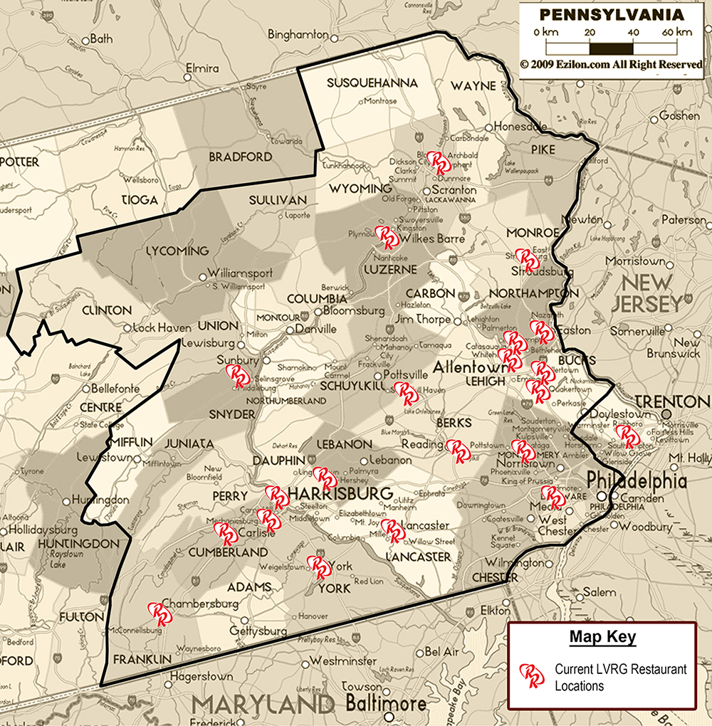 Map of Red Robin Locations in Eastern and Central Pennsylvania