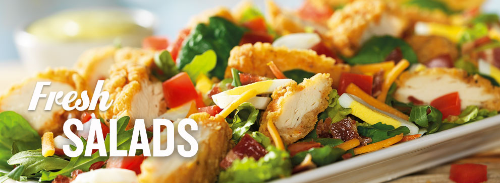 Banner image of the Crispy Chicken Tender Salad with 'Fresh Salads' text overlayed.
