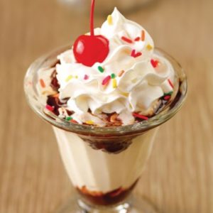 Kid's Sundae with hot fudge, whipped cream, vanilla soft serve, rainbow sprinkles and a cherry on top