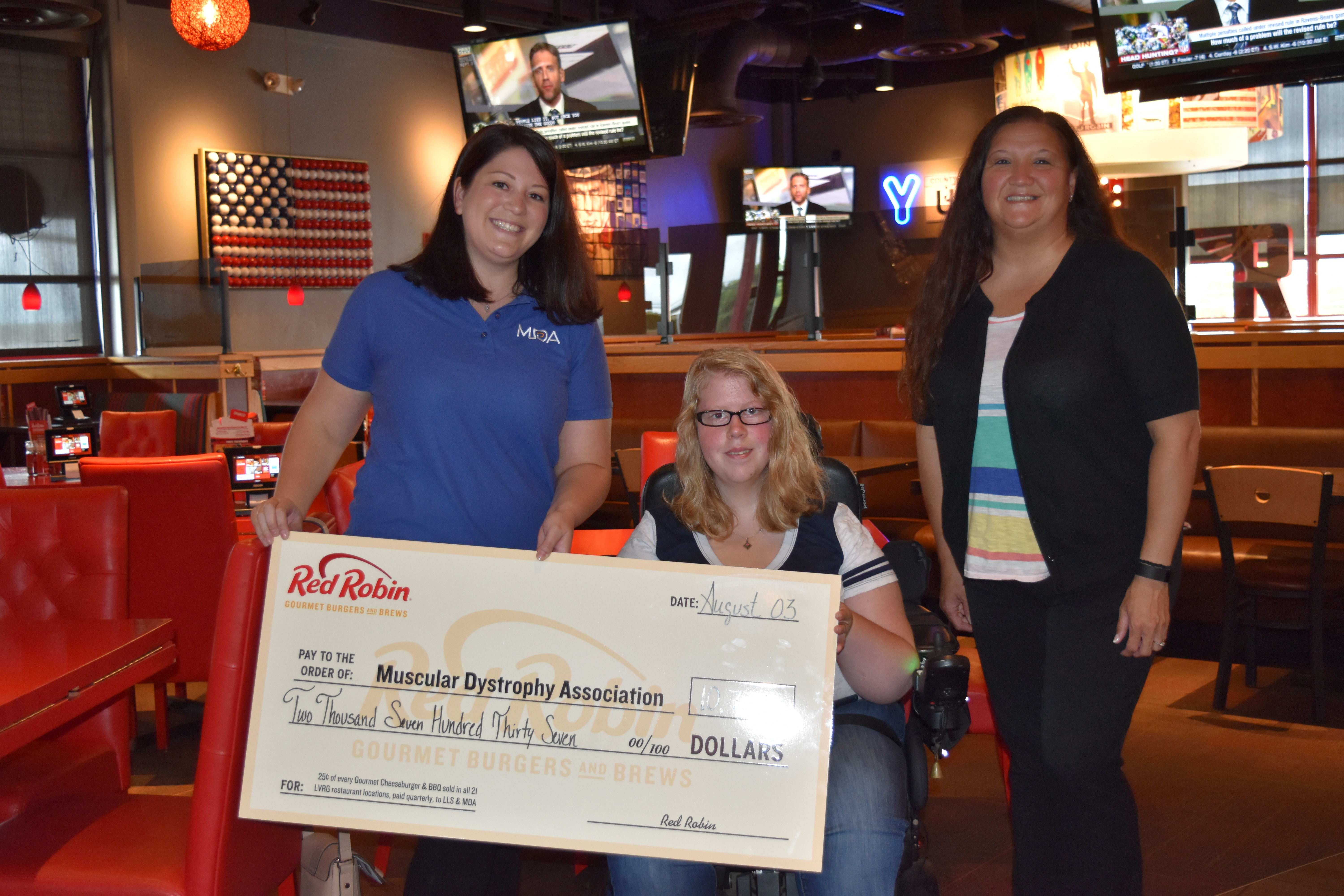 Image of Giant Check Presentation to MDA from LVRG Red Robin for Quarter 2 2018 burger fundraising dollars