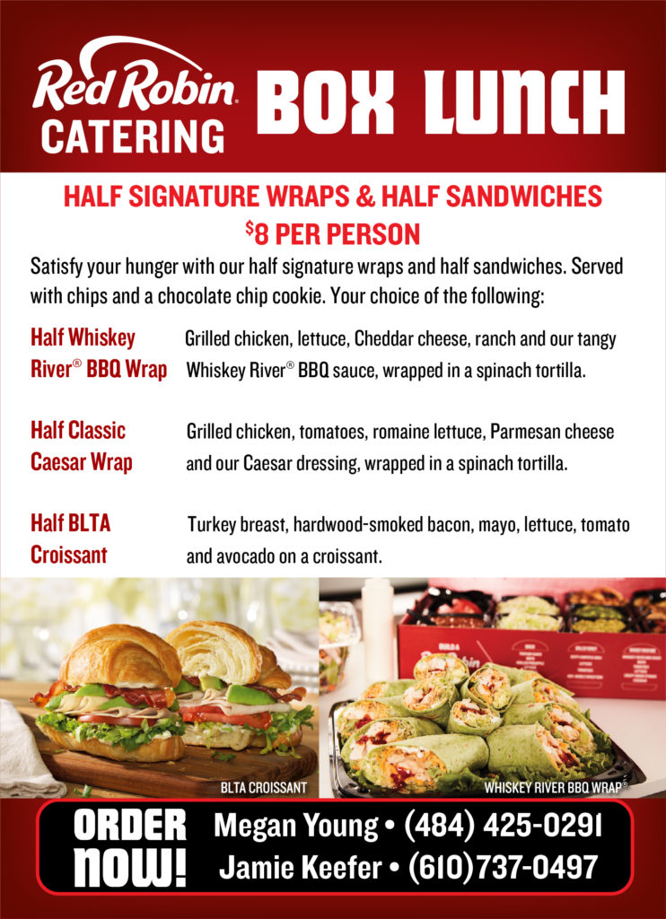 Specialty Red Robin Catering boxed lunch menu, geared towards colleges and universities.