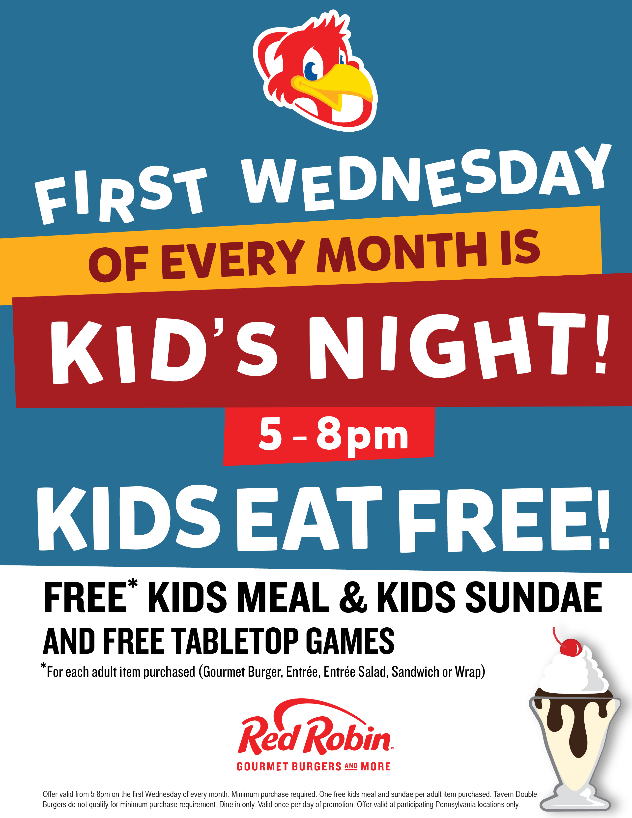 An image of the Kid's Night program details and dislaimer at participating Pennsylvania Red Robin locations